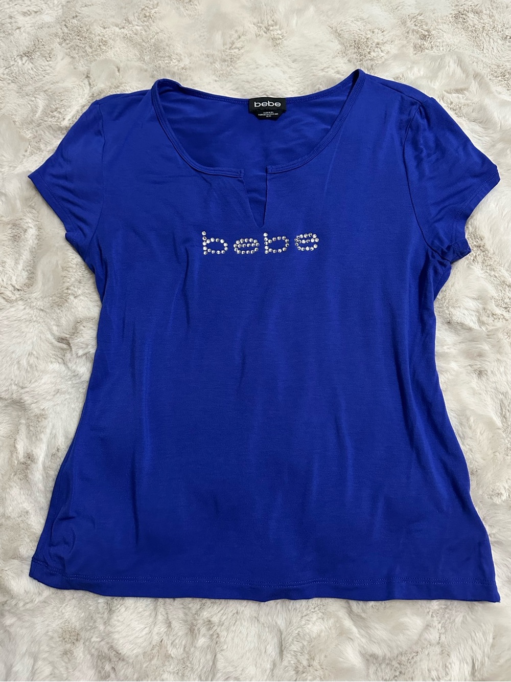bebe Y2K Blue Rhinestone Bling Logo V-Neck Tee Top